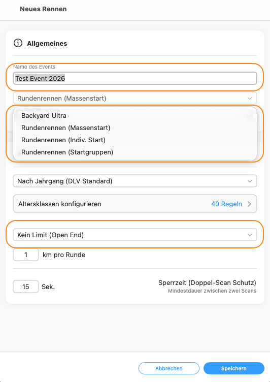 Rennmodi Einstellungen